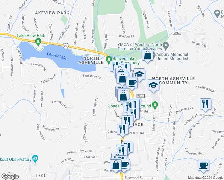 map of restaurants, bars, coffee shops, grocery stores, and more near 131 Lakeshore Drive in Asheville