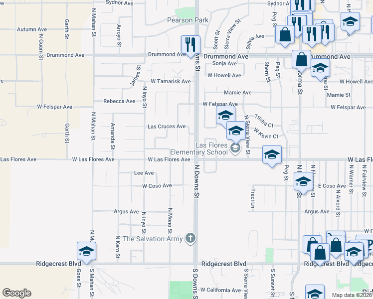 map of restaurants, bars, coffee shops, grocery stores, and more near 533 Las Posas Street in Ridgecrest