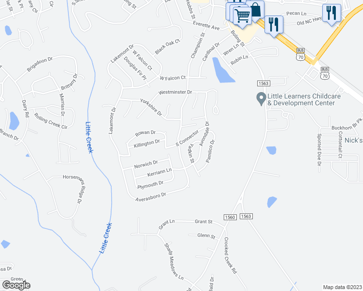map of restaurants, bars, coffee shops, grocery stores, and more near 1 Averasboro Drive in Clayton