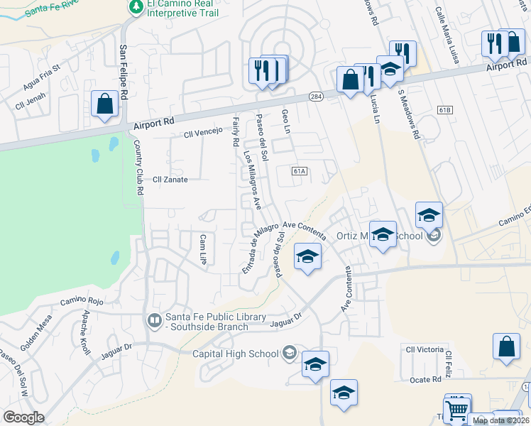 map of restaurants, bars, coffee shops, grocery stores, and more near 4033 Los Milagros in Santa Fe