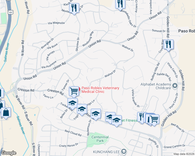 map of restaurants, bars, coffee shops, grocery stores, and more near 753 Walnut Drive in Paso Robles