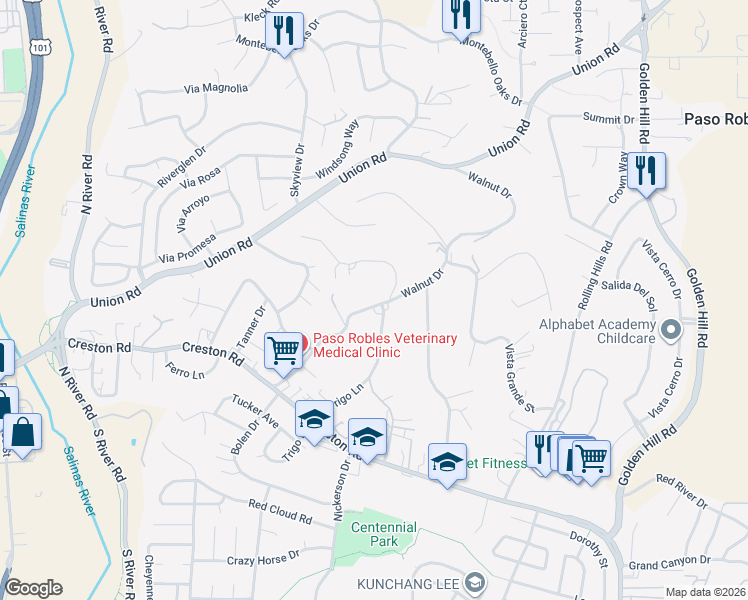 map of restaurants, bars, coffee shops, grocery stores, and more near 753 Walnut Drive in Paso Robles