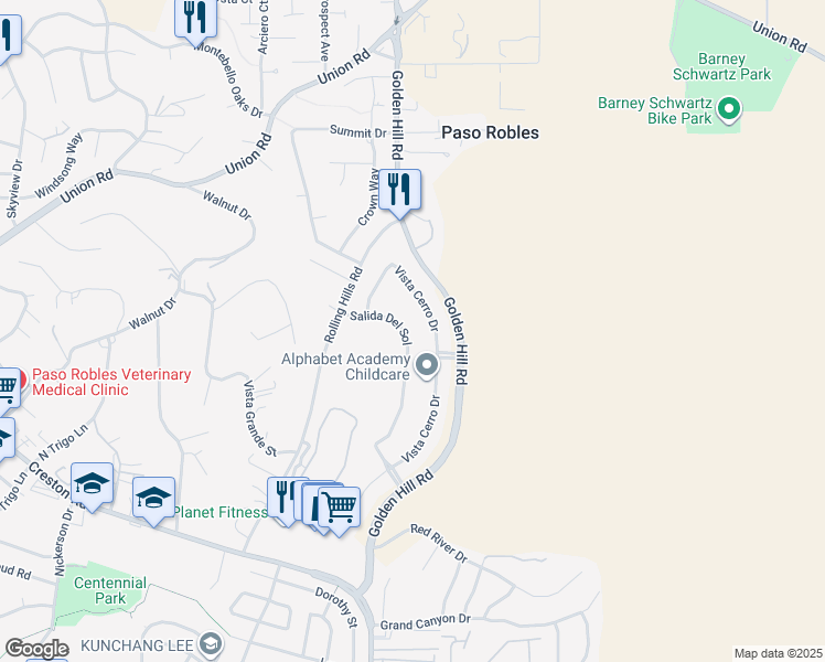 map of restaurants, bars, coffee shops, grocery stores, and more near 950 Vista Cerro Drive in Paso Robles