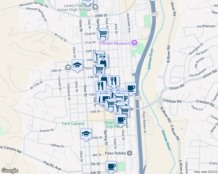 map of restaurants, bars, coffee shops, grocery stores, and more near 1602 Spring Street in Paso Robles