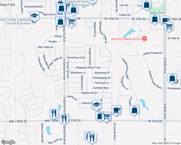 map of restaurants, bars, coffee shops, grocery stores, and more near 1900 Stepping Stone Trail in Edmond