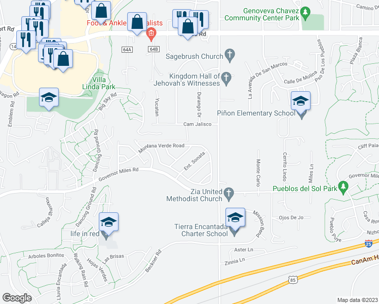 map of restaurants, bars, coffee shops, grocery stores, and more near 4221 Parque de Villa in Santa Fe