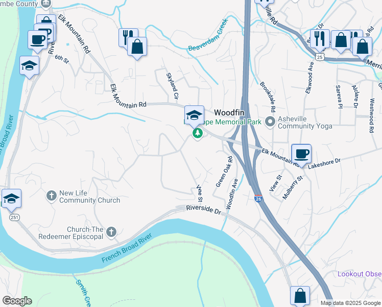 map of restaurants, bars, coffee shops, grocery stores, and more near 59 Vine Street in Woodfin