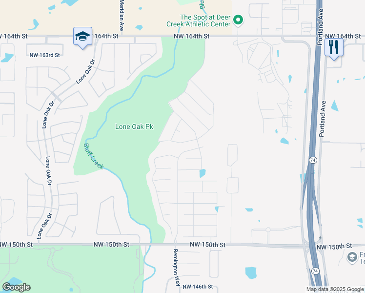 map of restaurants, bars, coffee shops, grocery stores, and more near 16236 Winding Park Drive in Edmond