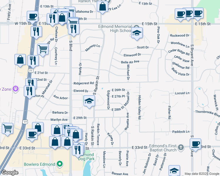 map of restaurants, bars, coffee shops, grocery stores, and more near 609 East 26th Street in Edmond