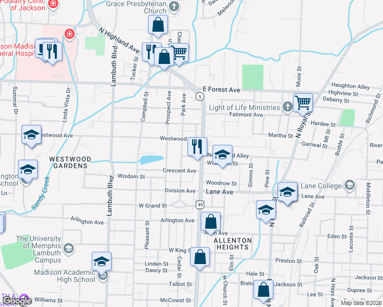 map of restaurants, bars, coffee shops, grocery stores, and more near 1013 North Highland Avenue in Jackson