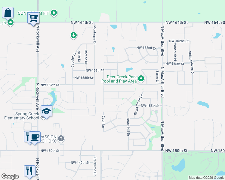 map of restaurants, bars, coffee shops, grocery stores, and more near 6304 Northwest 158th Terrace in Edmond