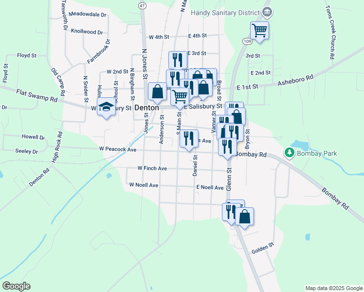 map of restaurants, bars, coffee shops, grocery stores, and more near 185 South Main Street in Denton