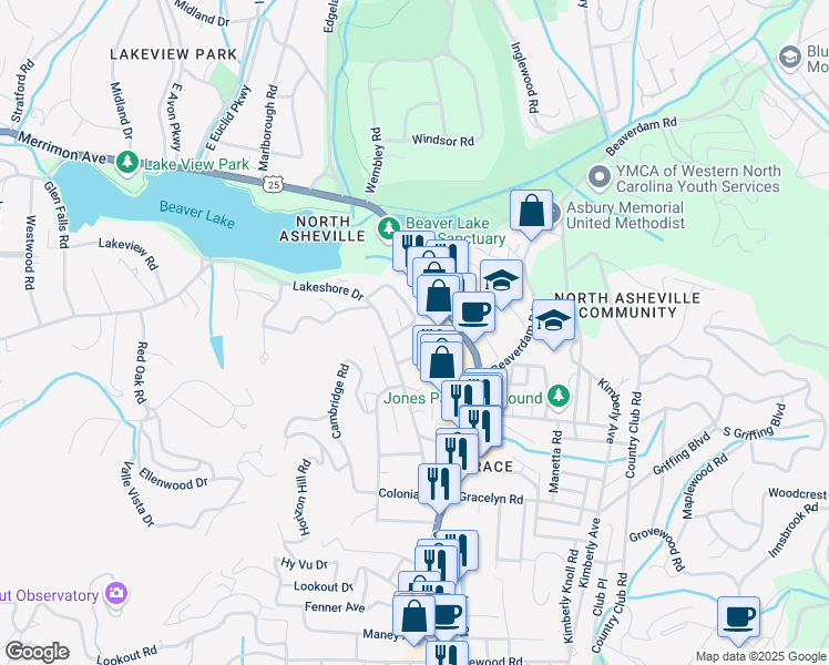 map of restaurants, bars, coffee shops, grocery stores, and more near 27 Shorewood Drive in Asheville