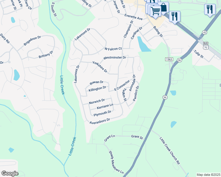 map of restaurants, bars, coffee shops, grocery stores, and more near 30 Rowan Drive in Clayton