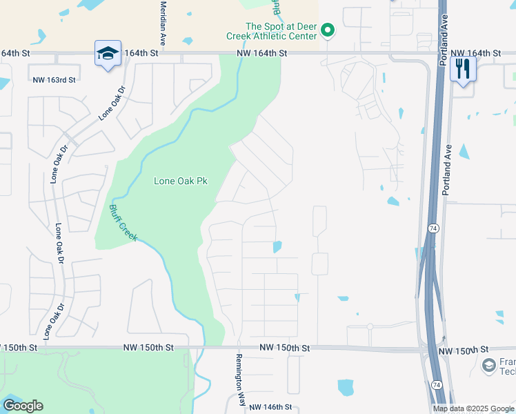 map of restaurants, bars, coffee shops, grocery stores, and more near 16236 Winding Park Drive in Edmond