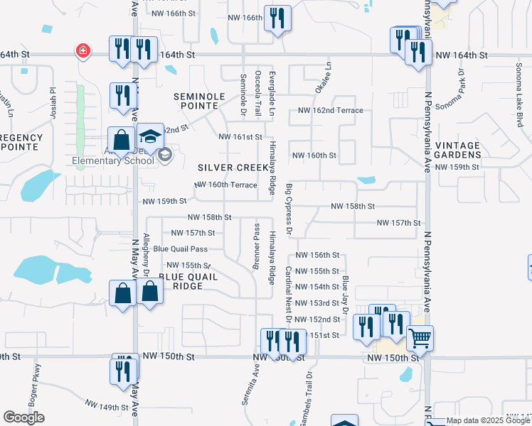 map of restaurants, bars, coffee shops, grocery stores, and more near 2604 Northwest 159th Street in Edmond