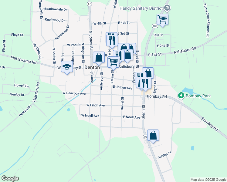 map of restaurants, bars, coffee shops, grocery stores, and more near 185 South Main Street in Denton