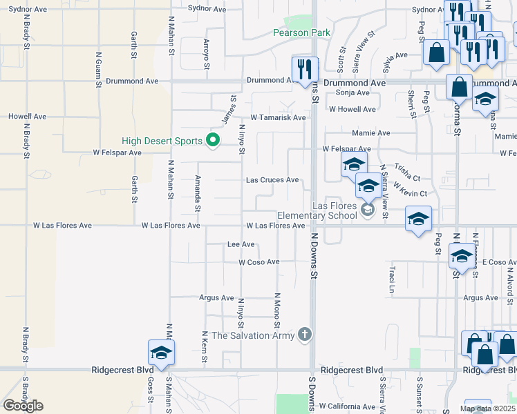 map of restaurants, bars, coffee shops, grocery stores, and more near 516 North El Prado Drive in Ridgecrest