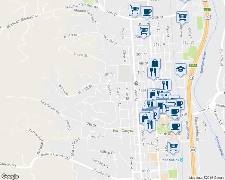 map of restaurants, bars, coffee shops, grocery stores, and more near 211 16th Street in Paso Robles