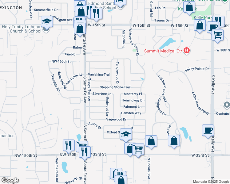 map of restaurants, bars, coffee shops, grocery stores, and more near 2001 Silvertree Lane in Edmond