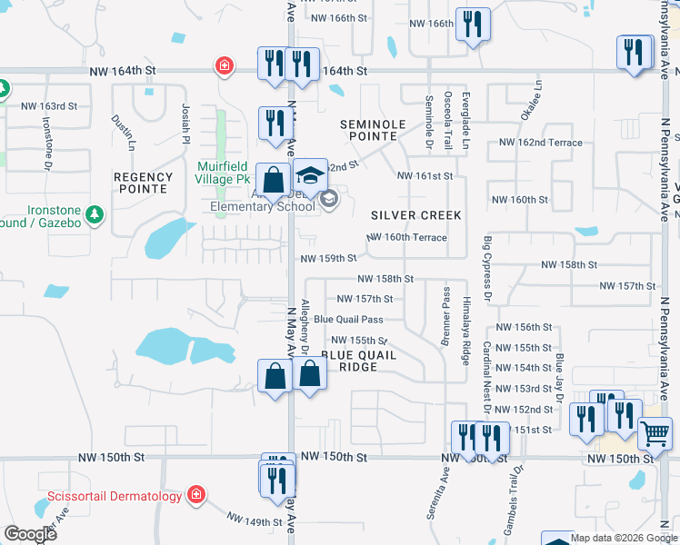 map of restaurants, bars, coffee shops, grocery stores, and more near 2812 Northwest 159th Street in Edmond