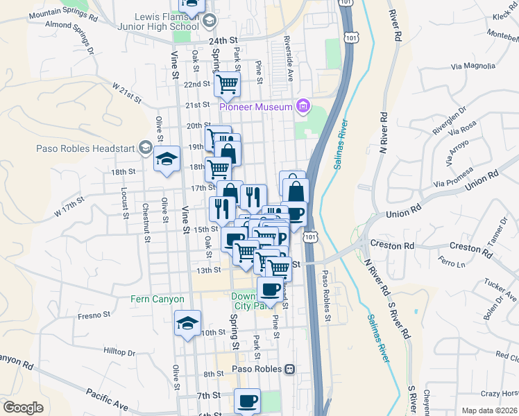 map of restaurants, bars, coffee shops, grocery stores, and more near 829 16th Street in Paso Robles