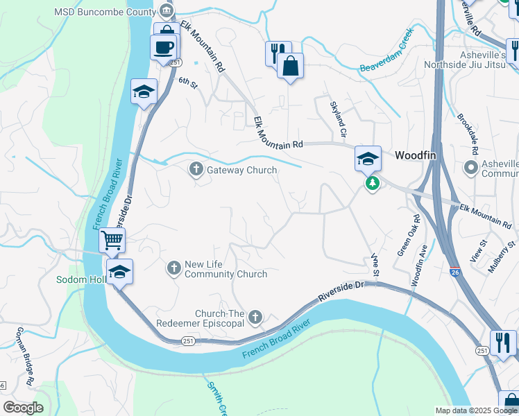 map of restaurants, bars, coffee shops, grocery stores, and more near 18 City View Drive in Woodfin