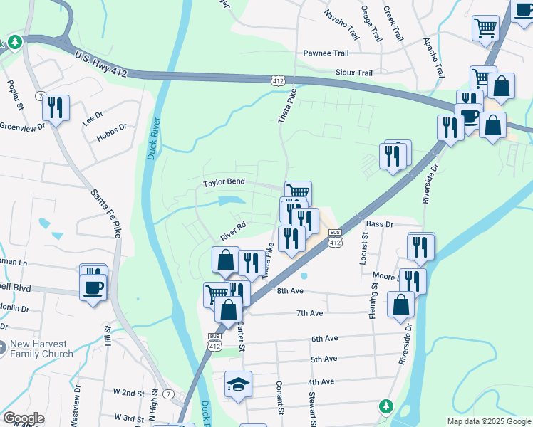 map of restaurants, bars, coffee shops, grocery stores, and more near 416 Palmetto Drive in Columbia