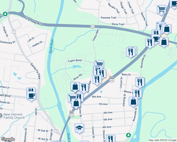 map of restaurants, bars, coffee shops, grocery stores, and more near 416 Palmetto Drive in Columbia