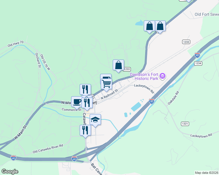 map of restaurants, bars, coffee shops, grocery stores, and more near 236 East Main Street in Old Fort