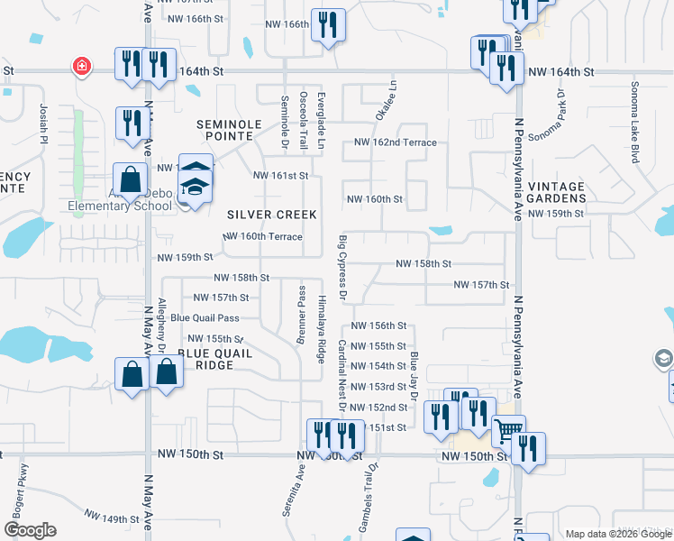 map of restaurants, bars, coffee shops, grocery stores, and more near 2500 Northwest 159th Street in Edmond