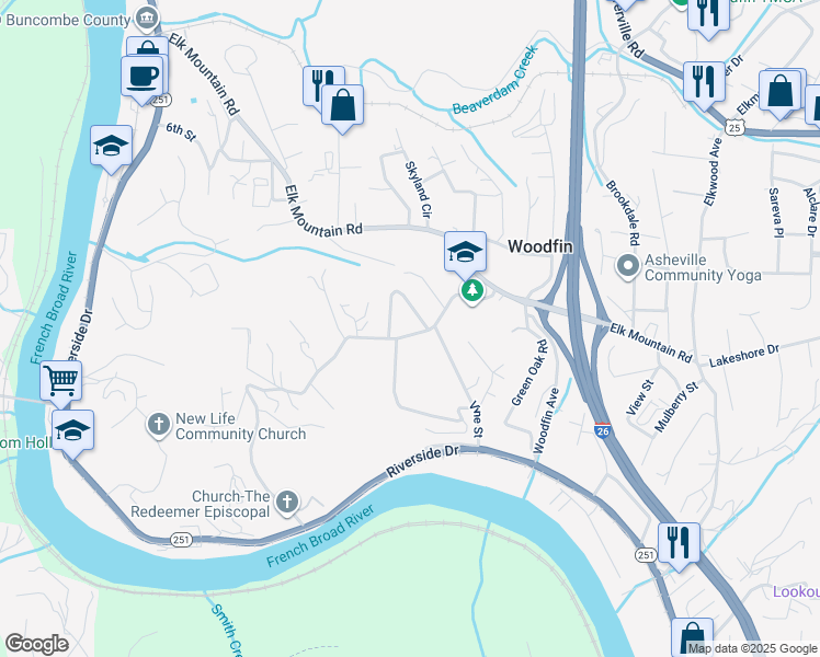 map of restaurants, bars, coffee shops, grocery stores, and more near 99999 Jonestown Road in Asheville