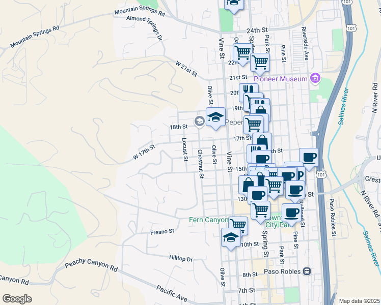 map of restaurants, bars, coffee shops, grocery stores, and more near 211 16th Street in Paso Robles