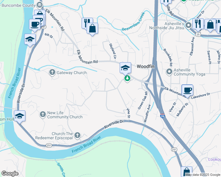 map of restaurants, bars, coffee shops, grocery stores, and more near 99999 Jonestown Road in Asheville