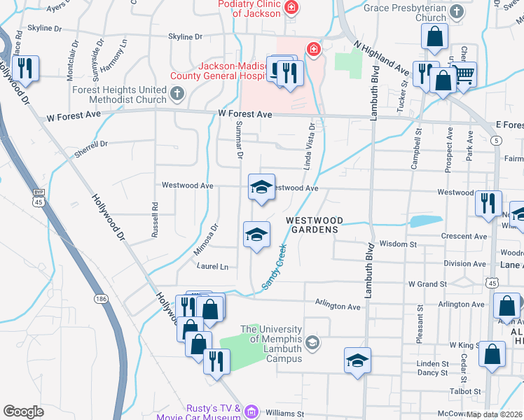 map of restaurants, bars, coffee shops, grocery stores, and more near 716 Westwood Avenue in Jackson
