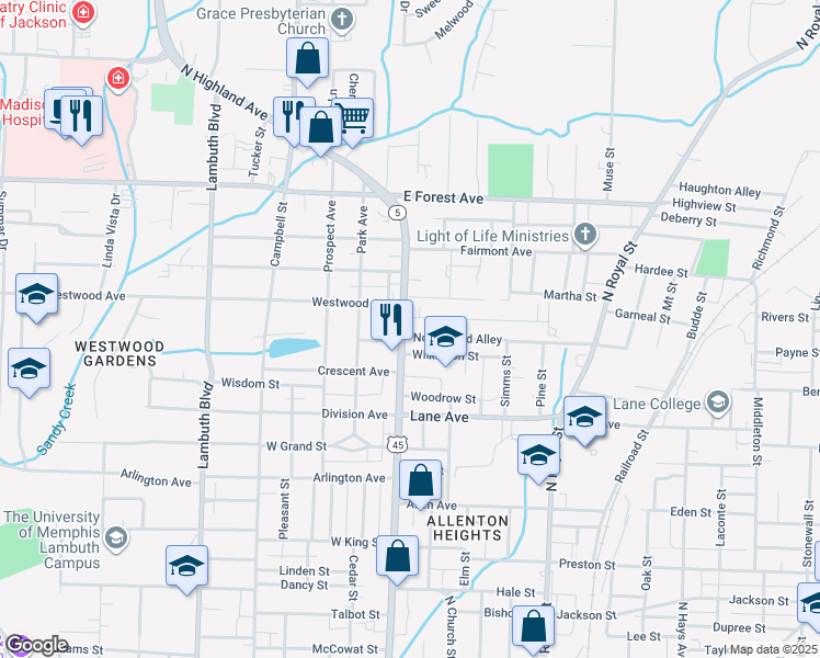 map of restaurants, bars, coffee shops, grocery stores, and more near 1 Northwood Avenue in Jackson