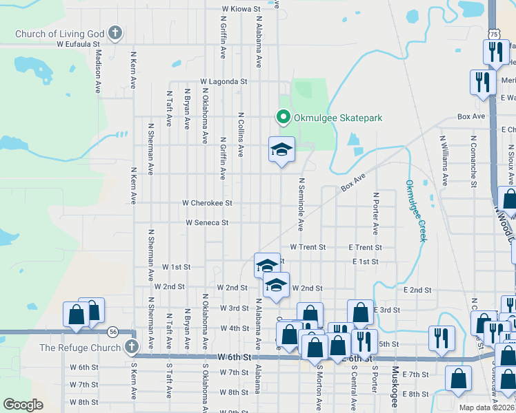 map of restaurants, bars, coffee shops, grocery stores, and more near 901 North Alabama Avenue in Okmulgee