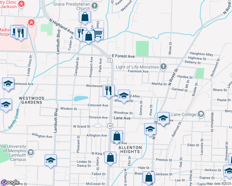 map of restaurants, bars, coffee shops, grocery stores, and more near 2 Northwood Avenue in Jackson