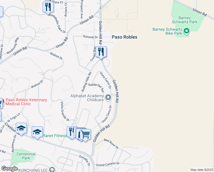 map of restaurants, bars, coffee shops, grocery stores, and more near 950 Vista Cerro Drive in Paso Robles