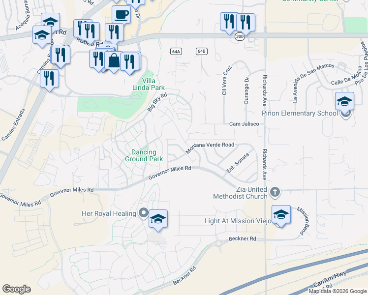 map of restaurants, bars, coffee shops, grocery stores, and more near 4080 Sandia Vista Road in Santa Fe
