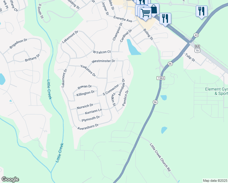 map of restaurants, bars, coffee shops, grocery stores, and more near 52 Yadkin Street in Clayton