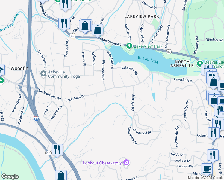map of restaurants, bars, coffee shops, grocery stores, and more near 444 Lakeshore Drive in Asheville