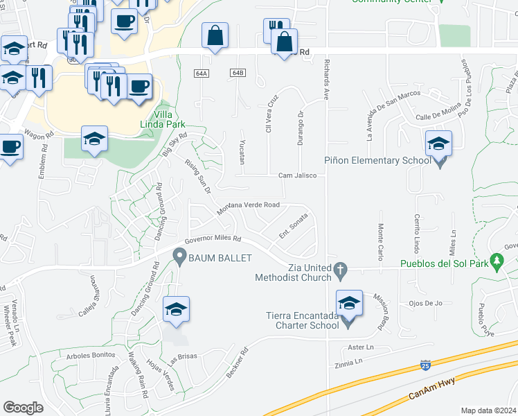 map of restaurants, bars, coffee shops, grocery stores, and more near 2200 Luz Del Sol in Santa Fe