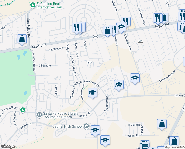 map of restaurants, bars, coffee shops, grocery stores, and more near 4107 Chaparron Place in Santa Fe