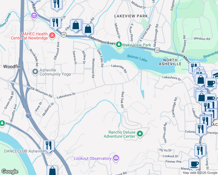 map of restaurants, bars, coffee shops, grocery stores, and more near 410 Lakeshore Drive in Asheville