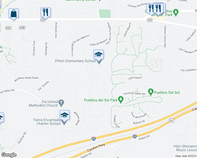 map of restaurants, bars, coffee shops, grocery stores, and more near 4101 Cerrito Lindo in Santa Fe