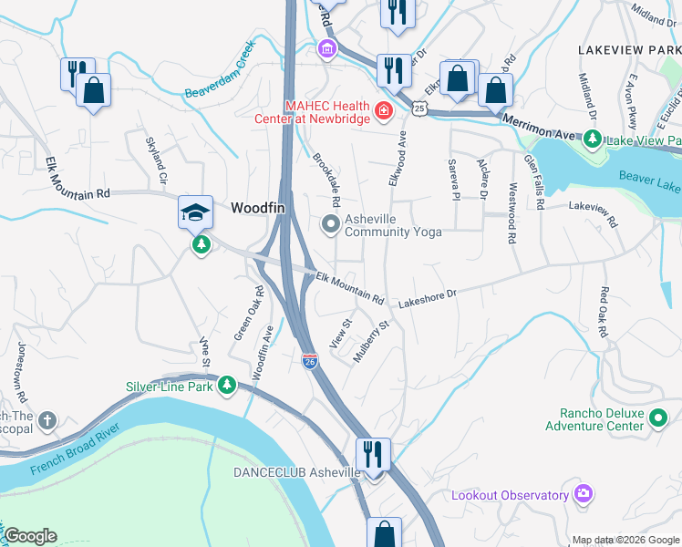 map of restaurants, bars, coffee shops, grocery stores, and more near 1 Brookdale Road in Woodfin
