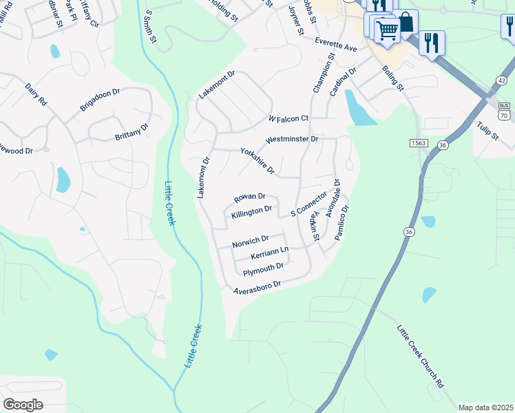 map of restaurants, bars, coffee shops, grocery stores, and more near 88 killington Drive in Clayton