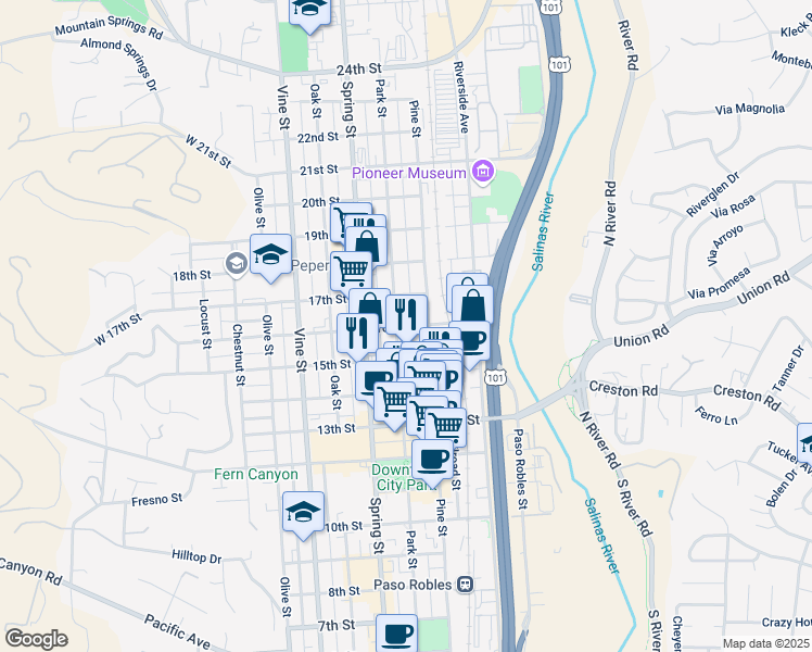map of restaurants, bars, coffee shops, grocery stores, and more near 829 16th Street in Paso Robles