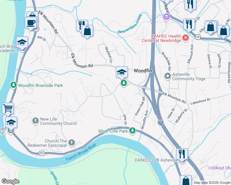 map of restaurants, bars, coffee shops, grocery stores, and more near 40 Jonestown Road in Woodfin